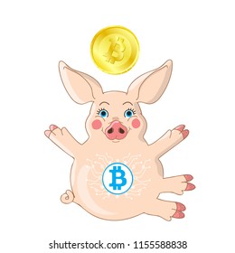 Cute Pink piglet moneybox with hug gesture isolated on white with golden cryptocurrency coin bitcoin
