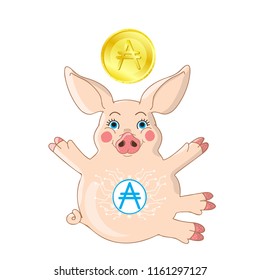 Cute Pink piglet moneybox with hug gesture isolated on white with golden cryptocurrency coin ada