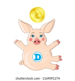 Cute Pink piglet moneybox with hug gesture isolated on white with golden cryptocurrency coin dogecoin