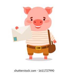 Cute pink piglet postman in striped t-shirt holding mail letter. Vector illustration isolated on white background