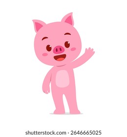 Leitão rosa bonito de pé e acenando Hello com uma expressão sorridente em estilo de desenhos animados