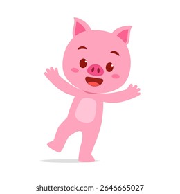 Piglet rosa bonito de pé e acenando seus braços com rosto sorridente Expressão em estilo de desenhos animados