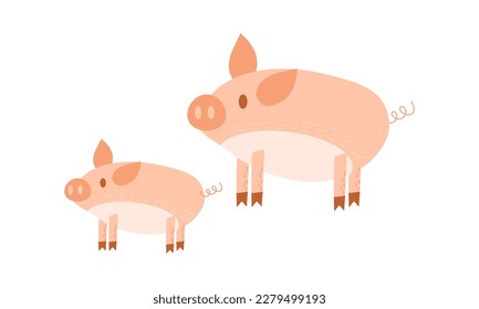 Cerdos rosados. Un cerdo grande con su bebé. Ilustración vectorial de dibujos animados planos.