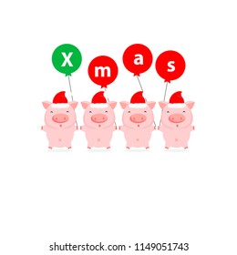 Cute pink pigs cartoon hanging on the X-mas balloons. Christmas and New Year greeting card.Vector illustration. 