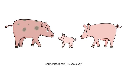 Familia de cerdos rosados. Padre, cerda madre y un lechón caminan por algún lado, vista lateral. Los animales de granja están sonriendo, el niño cerró los ojos. Los caracteres están aislados en el fondo blanco