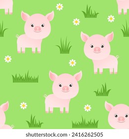 Cute pink pigs on green meadow. Seamless pattern with cartoon funny farm animals, grass and flowers. Vector simple illustration. 