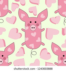 Cute pink pigs seamless pattern with hearts. Vector background. EPS 8.