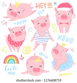 Cute pink pigs vector set. Elements for New Year's design. Symbol of 2019 on the Chinese calendar. Pig illustration isolated on white. Cartoon animals.