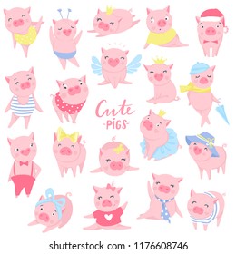 Cute pink pigs vector set. Elements for New Year's design. Symbol of 2019 on the Chinese calendar. Pig illustration isolated on white. Cartoon animals.