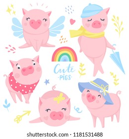 Cute pink pigs vector set. Elements for New Year's design. Symbol of 2019 on the Chinese calendar. Pig illustration isolated on white. Cartoon animals. Funny stickers.