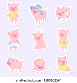 Cute pink pigs vector set. Elements for New Year's design. Symbol of 2019 on the Chinese calendar. Pig illustration isolated on white. Cartoon animals. Funny stickers.