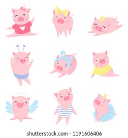Cute pink pigs vector set. Elements for New Year's design. Symbol of 2019 on the Chinese calendar. Pig illustration isolated on white. Cartoon animals. Funny stickers.