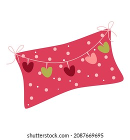 Cute pink pillow with polka dot and hearts. Cozy home icon element. Cartoon vector illustration isolated on white background