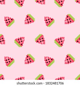 Cute rosa Pixel Wassermelone Scheiben Vektorgrafik nahtlosen Muster Hintergrund.