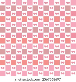 Cute pink plaid pattern with bows. Valentine's Day design seamless fabric pattern