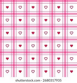 Cute Pink Plaid Pattern with Hearts for Valentine, Fabric, and Background Design. Illustration vector 10 eps.