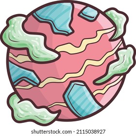 Cute pink planet with green clouds in cartoon style