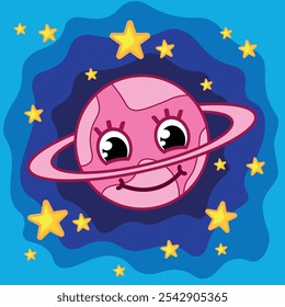 Cute pink planet in space. Pretty character. Cartoon flat vector illustration. Children's illustration.