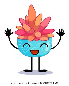 cute pink plant succulent in blue pot waving his hands and smiling broadly. Cartoon character. Vector illustration is suitable for greeting cards and prints on t-shirts.