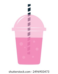 Nette rosa Plastiktasse mit Soda, Saft, Eiskaffee oder Frappuccino. handgezeichnete, flach gestaltete, transparente Vektorgrafik eines Getränkebehälters, einzeln auf Weiß