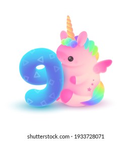 Cute pink plump unicorn with golden horn, rainbow hair and blue number 9 on white background. Vector illustration for Holiday, Birthday party.