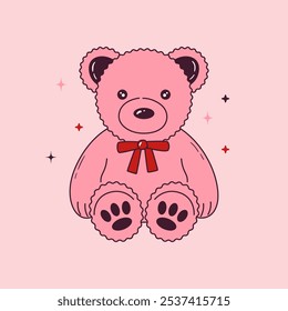 Urso de pelúcia rosa bonito com arco vermelho. Ilustração de esboço de brinquedo macio para cartão, colagem, design de cartaz. Presente feminino no estilo y2k. Desenho vetorial