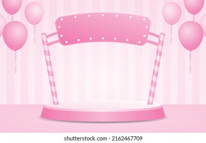 cute pink podium display stage with arch light bulb sign and balloons 3d illustration vector on sweet pastel pink striped wall for putting your object