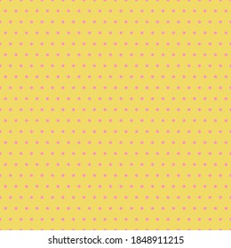 Patrón transparente de punto de polka rosa fino sobre fondo amarillo. Patrón vectorial de pequeños círculos en estilo de dibujos animados. Un estilo minimalista y sencillo.