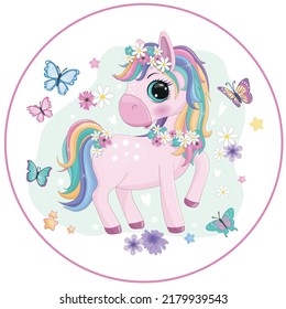 Cute pink pony with colorful mane surrounded by butterflies