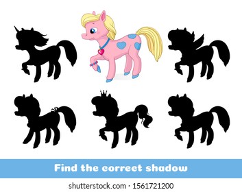 Cute pink pony. Find the correct shadow. Educational game for children. Cartoon vector illustration.