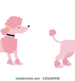 Rein rosa Poodle mit Schleife. Kinder komisch drucken. Vektorgrafik, handgezeichnet.