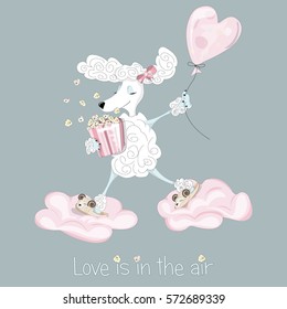 Cute pink poodle in love jumping on clouds with popcorn in sheep's slippers. St. Valentine's day card. Pastel wallpaper. Background. Print. Poster. Vector.