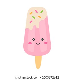 Cute pink popsicle with colorful sprinkles on white background. Funny smile faces. Kawaii cartoon style. Flat vector illustration.