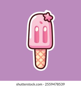 A cute pink popsicle with a smiling face and a star detail on a purple background. A cheerful design perfect for summer and dessert themes.