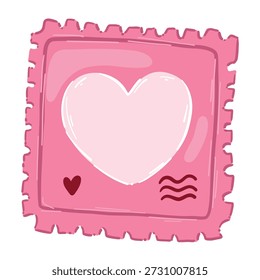 Cute pink postage stamp featuring a large white heart and a small red heart in the corner. Romantic vector illustration for Valentine's Day mail, letters, and stickers