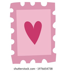 Cute pink postage stamp with heart.Vector hand drawn cartoon illustration.