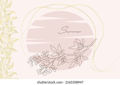 Cute pink postcard with golden elements and floral drawing.