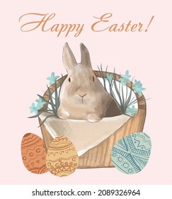 Cute pink postcard with a painted rabbit in a basket in flowers with Easter eggs. Happy Easter Greetings. On a pastel pink background