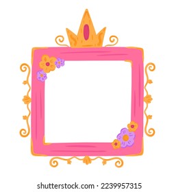 Cute pink princess frame with crown in simple cartoon style