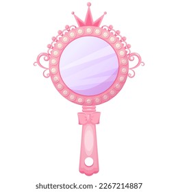 Cute pink princess hand mirror with crown. Antique accessory. Cartoon baby queen decor. Vector illustration.