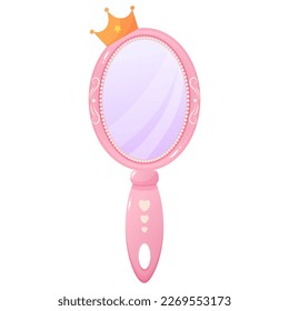 Espejo de la mano de la princesa rosa con corona. Accesorio antiguo. La decoración de la "baby queen". Ilustración vectorial.