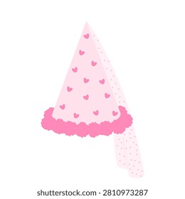 Cute pink princess party hat with small hearts pattern fluffy ruffles and trailing veil ribbon decoration for birthday celebration on white background for printing