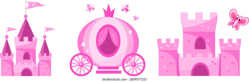 Cute pink princess vector carriage illustration clip art of a fortress, castle with towers.