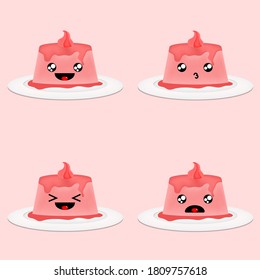 Cute pink pudding with various facial expressions character EPS 10 vector design pack 
