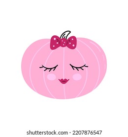 Cute pink pumpkin with eyes and hair bow. Vector Illustration for backgrounds, covers and packaging. Image can be used for greeting cards, posters, stickers and textile. Isolated on white background.