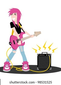 Cute pink punk girl playing guitar