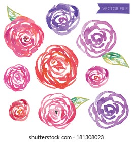 Cute Pink and Purple Abstract Round Roses Vector Watercolor Floral Blooms