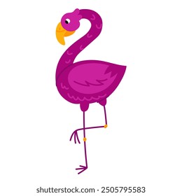 Cute Pink purple flat Flamingo on a White background. The Flamingo, a bright summer bird, stands on one leg. The Mexican animal lives by the water. A tall bird in a pose