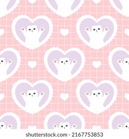 Cute pink and purple girly design white kitten seamless pattern, kawaii animals pastel colour wrapping paper digital print design