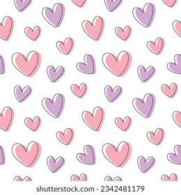 Cute Pink and Purple Hearts Pattern on White Background